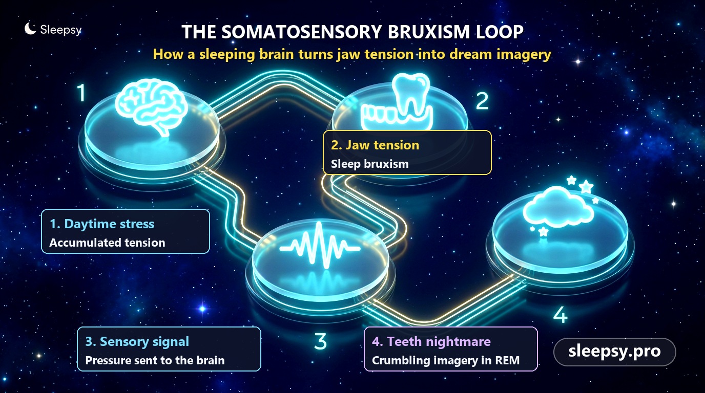 Infographic showing the somatosensory bruxism loop from daytime stress to a teeth nightmare