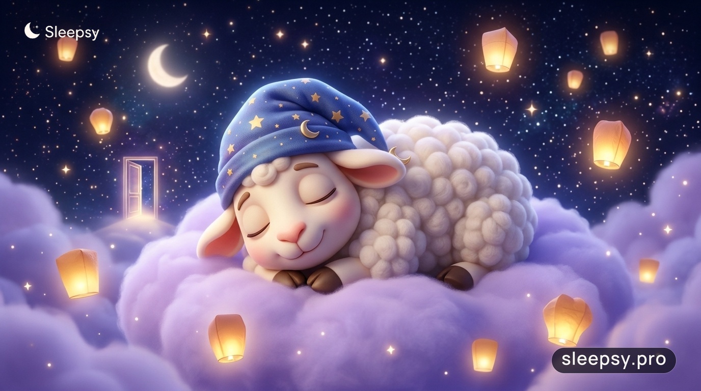 Sleepsy mascot peacefully resting on cloud after cognitive imagery rehearsal