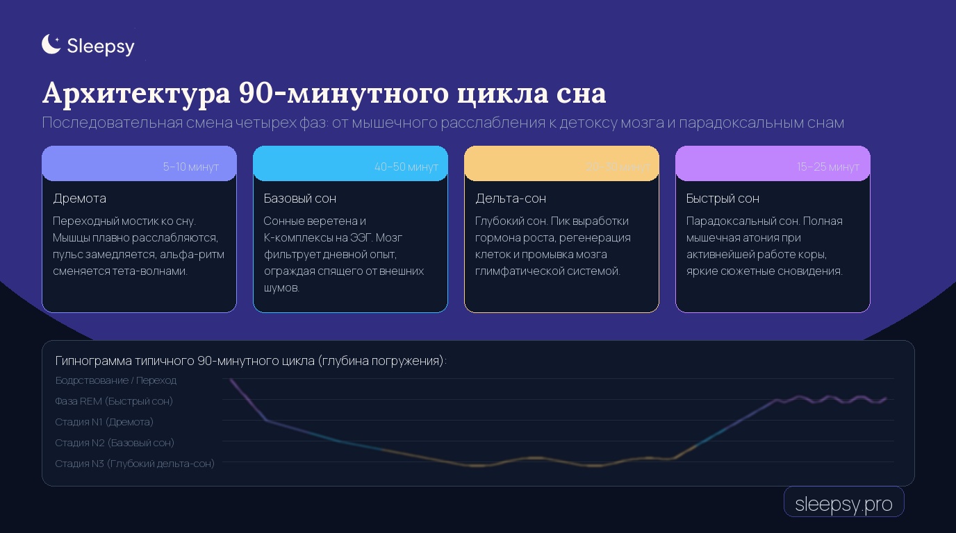 Инфографика: архитектура 90-минутного цикла сна от фазы NREM к фазе REM