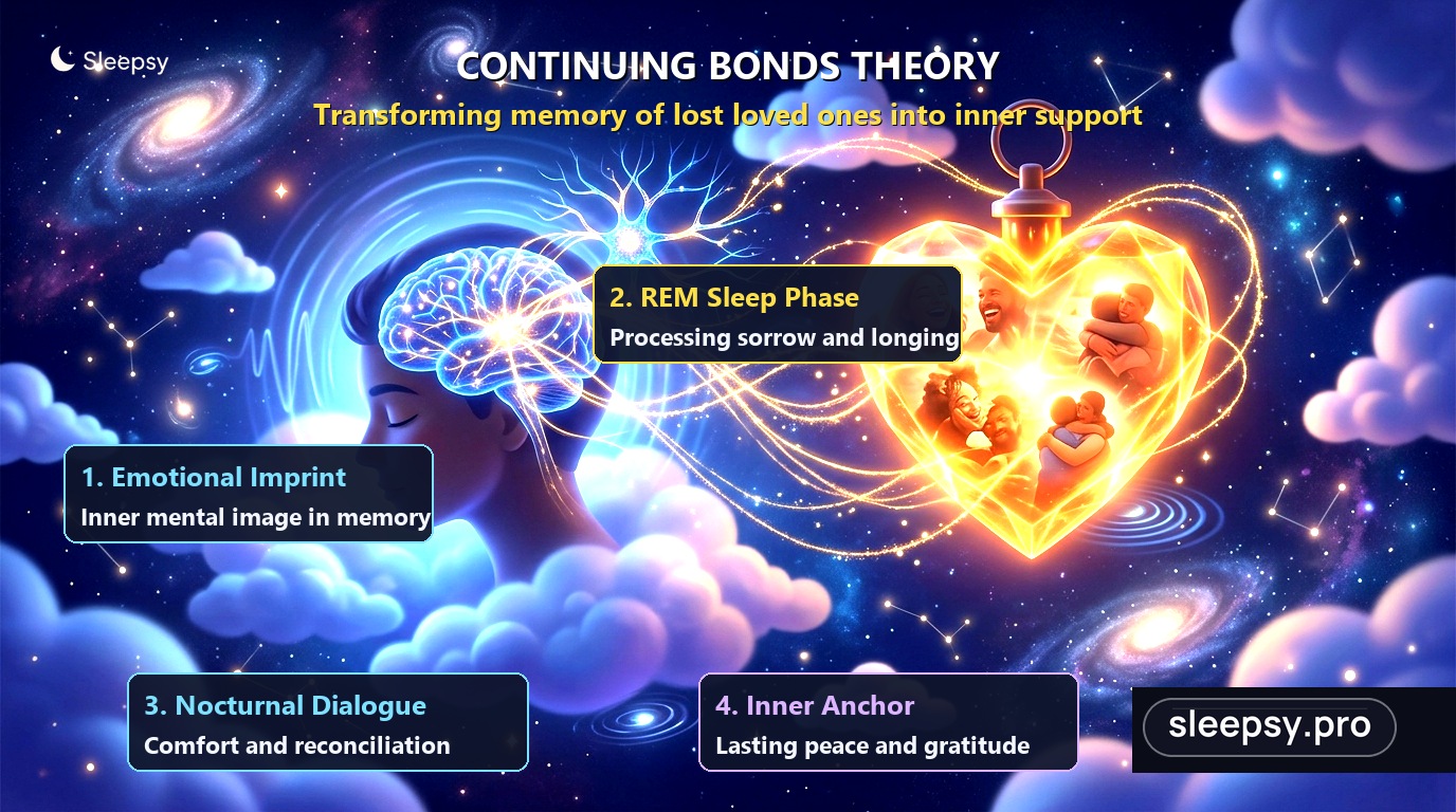 Continuing Bonds Theory diagram showing how the brain integrates memories of the deceased
