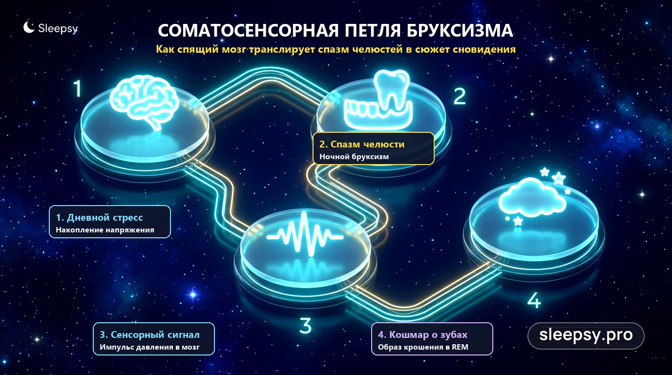 Инфографика: соматосенсорная петля бруксизма и снов о зубах