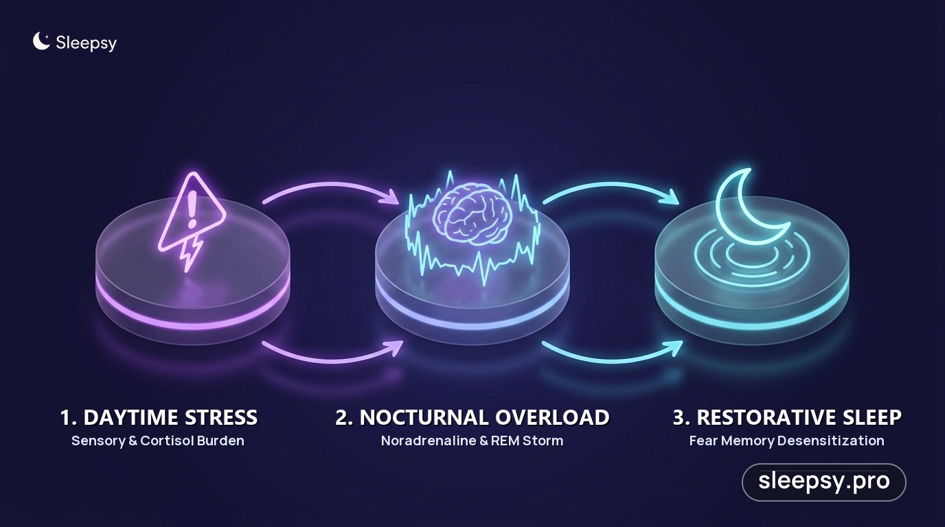 Infographic illustrating the stress dream cycle from daytime tension to restorative sleep
