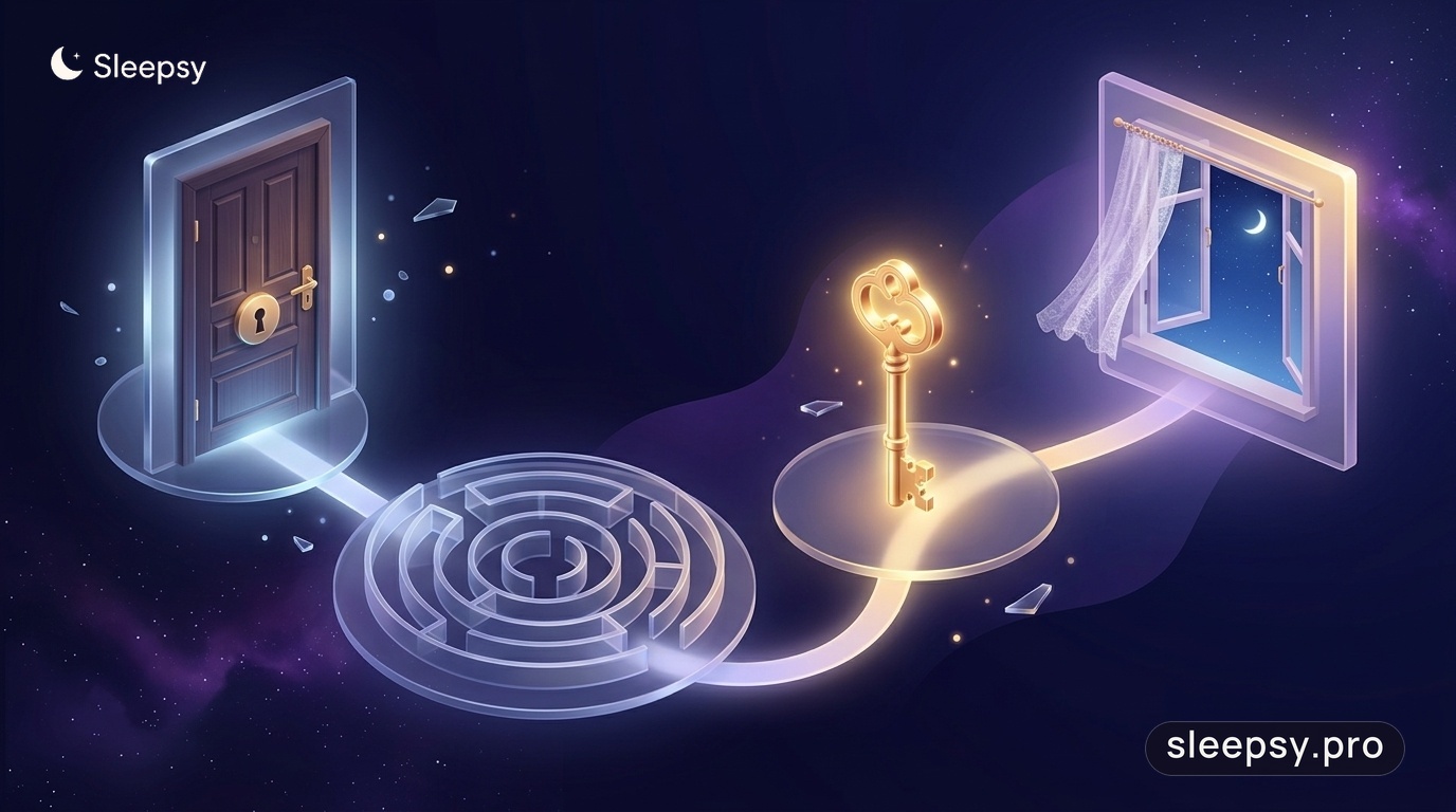 Infographic illustrating the 4 stages of resolving recurrent dreams from anxiety to peaceful sleep
