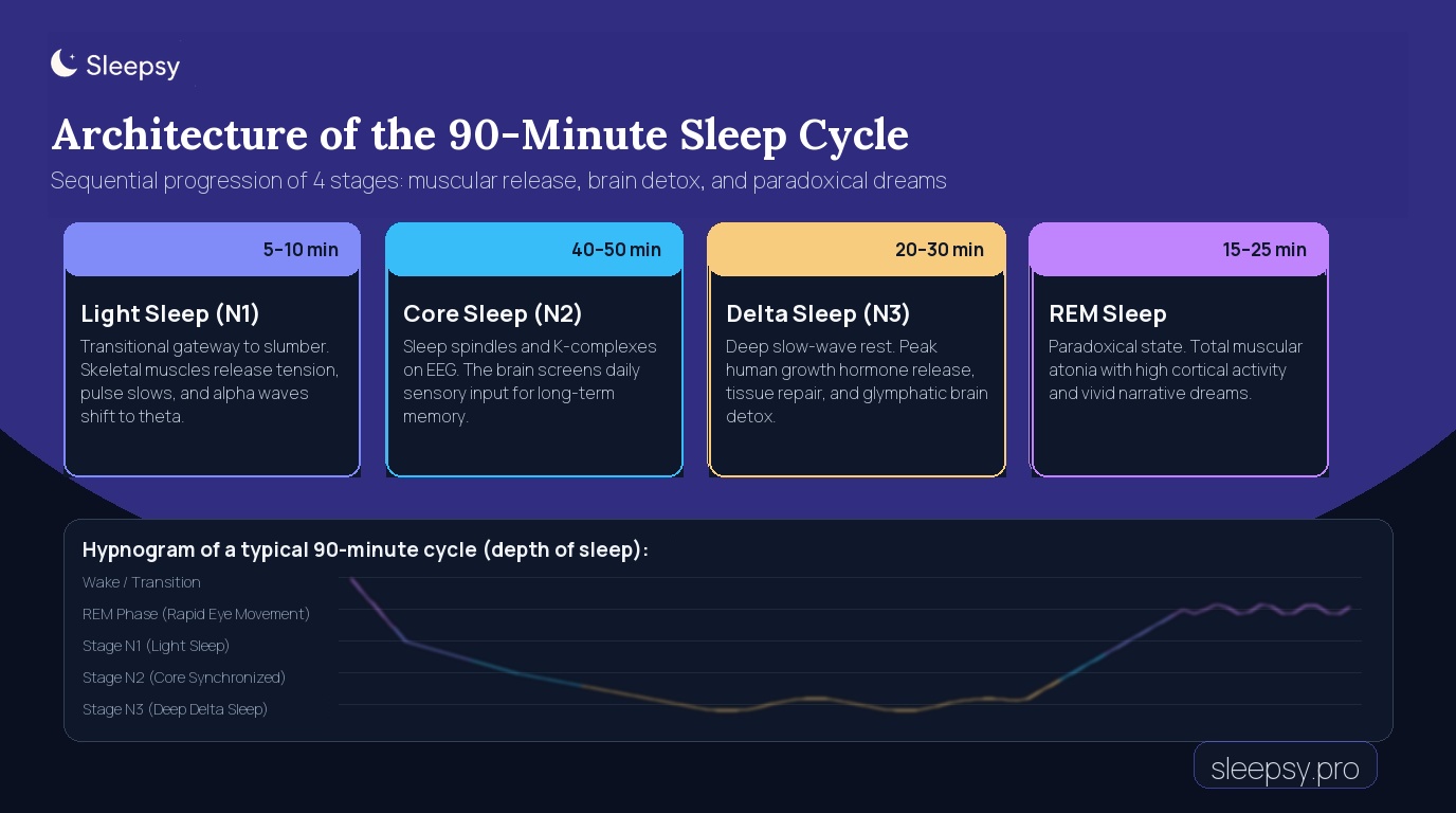 Infographic detailing the architecture of the 90-minute sleep cycle from NREM to REM