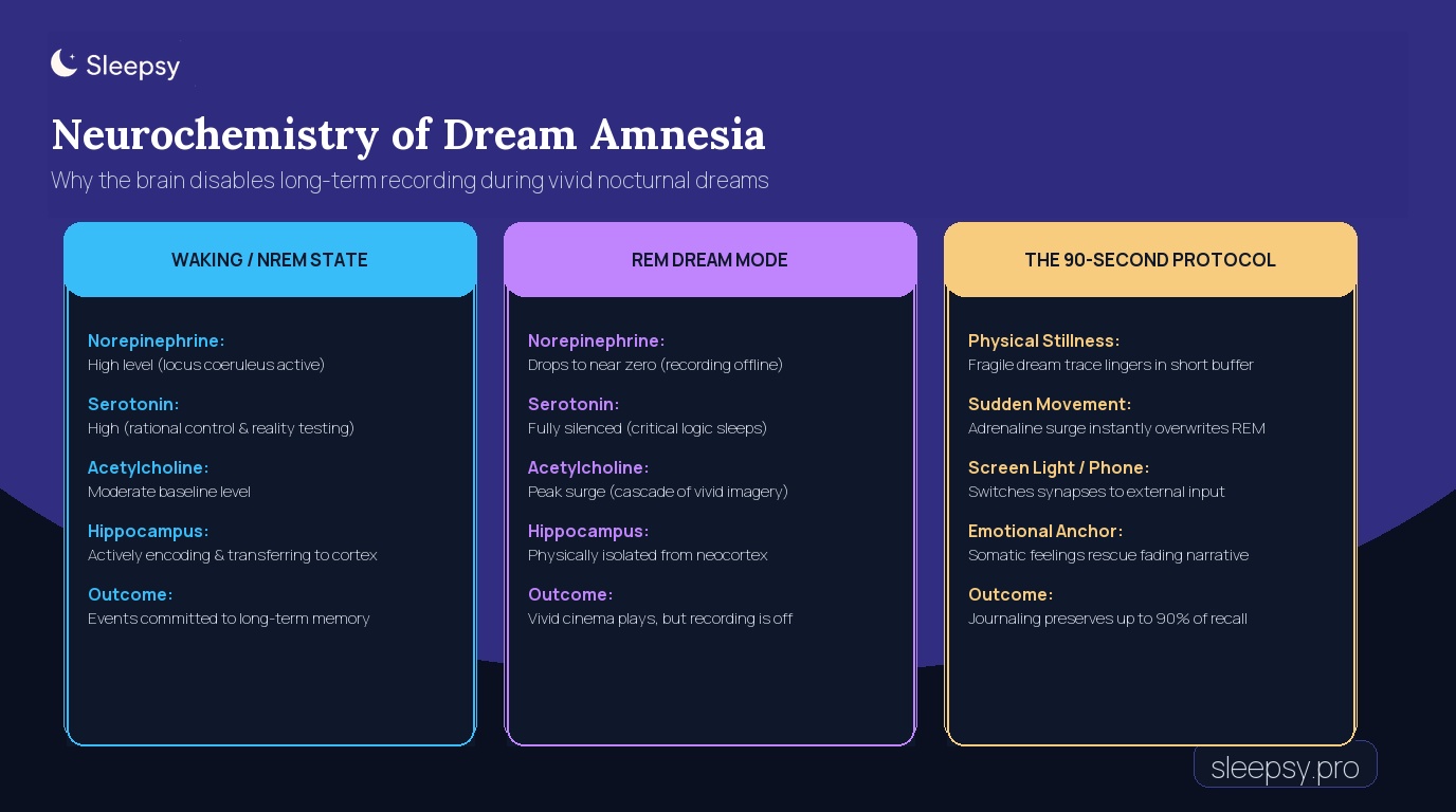 Infographic illustrating the neurochemistry of dream amnesia and memory encoding during REM sleep