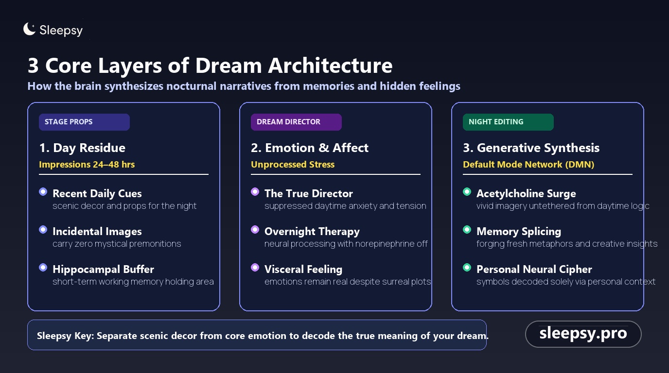 Infographic showing 3 core layers of dream architecture: day residue, emotion and affect, and generative synthesis