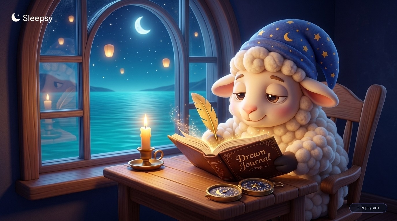 Sleepsy mascot recording insights into a dream journal beside tranquil nighttime waters