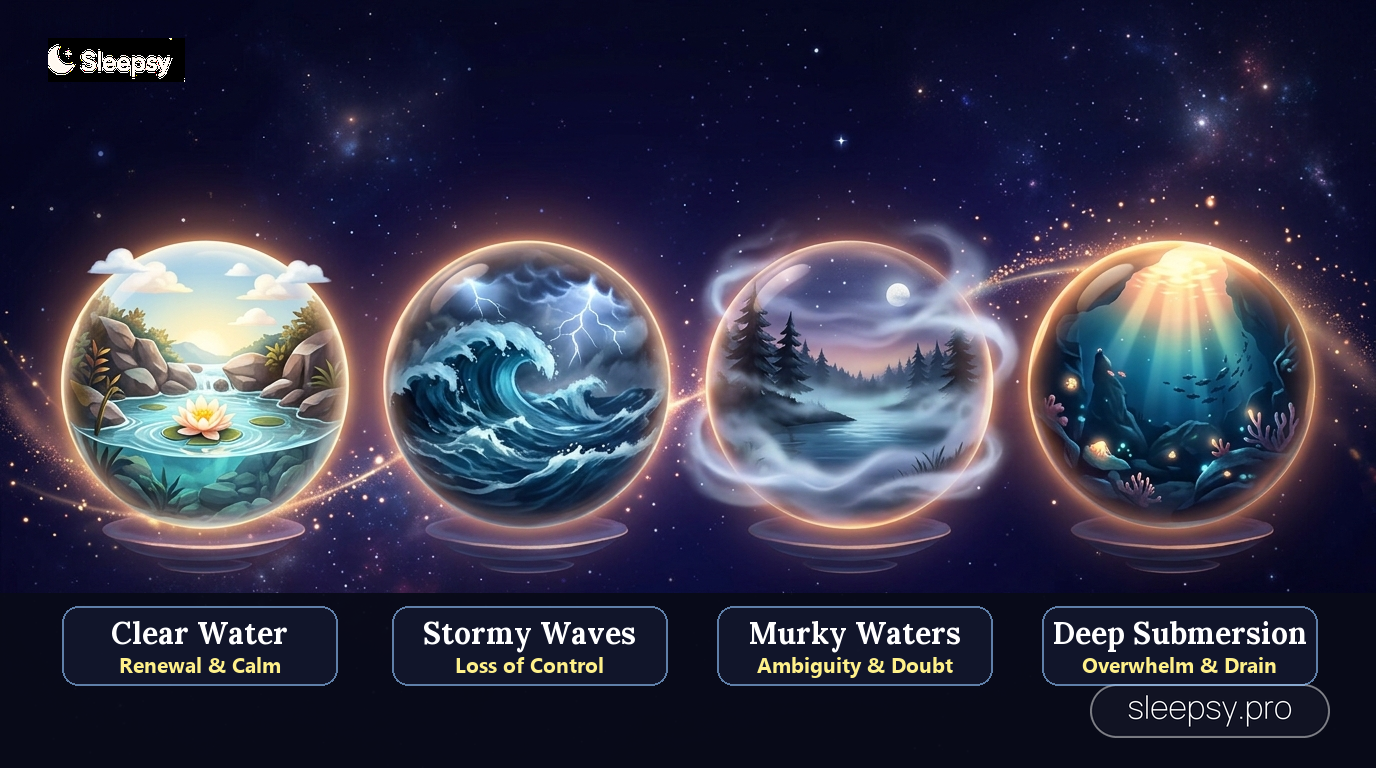 Infographic detailing four psychological types of water dreams: clear water, stormy waves, murky waters, and deep submersion