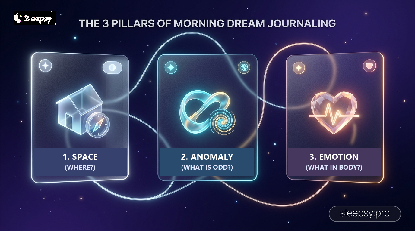 Infographic detailing the 3 pillars of morning dream journaling: space, anomaly, and somatic emotion