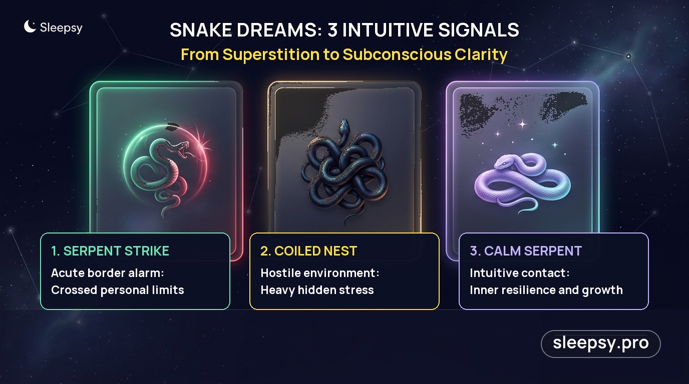 Infographic illustrating snake dream scenarios and personal boundary signals