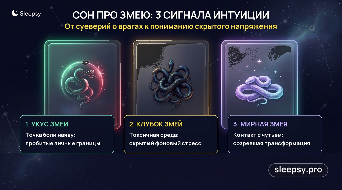 Инфографика: сон про змею — мифы сонников против трех реальных сигналов интуиции